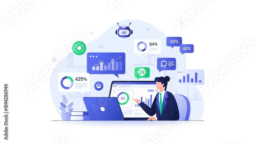 Businesswoman analyzing market data and financial reports on her laptop, surrounded by charts and graphs, for strategic planning and optimizing business growth
