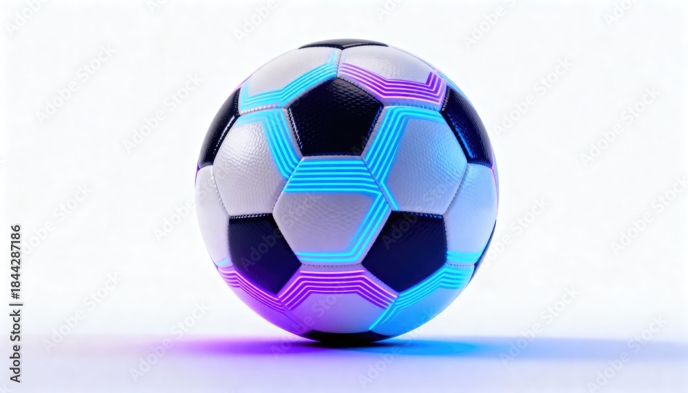 Obraz premium A soccer ball with glowing neon blue and purple lights. Modern sport game design for digital media and event promotion.