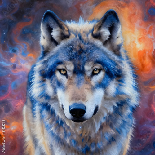Stylized digital artwork of a wolf with blue and white fur. The wolf's expression is calm and alert, set against a vibrant, swirling background of red, orange, and blue resembling a cosmic nebula. 