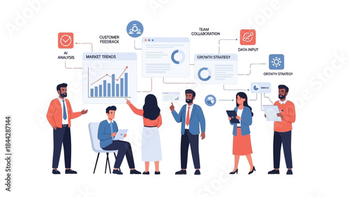 Business Growth Strategy Meeting Analyzing Market Trends and Customer Feedback for Collaboration and Innovation