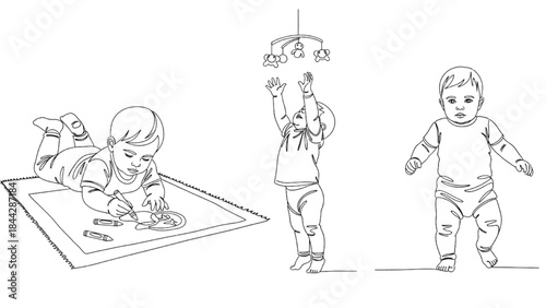 High-Quality Black Continuous Line Art of Toddlers Drawing, Reaching, and Walking, Early Childhood Play Illustrations
