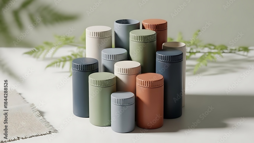Fototapeta premium Collection of Assorted Cylindrical Containers in Muted Earth Tones.