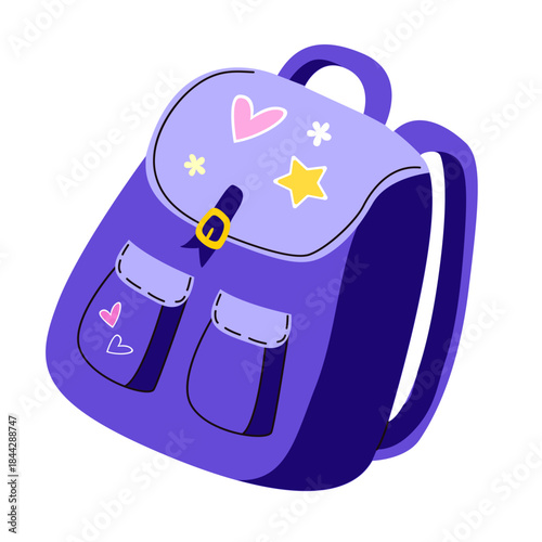 School purple backpack with patch pockets, heart, flower, star badges, gold clasp. Vector illustration for children design, planners, stickers, posters. Back to school