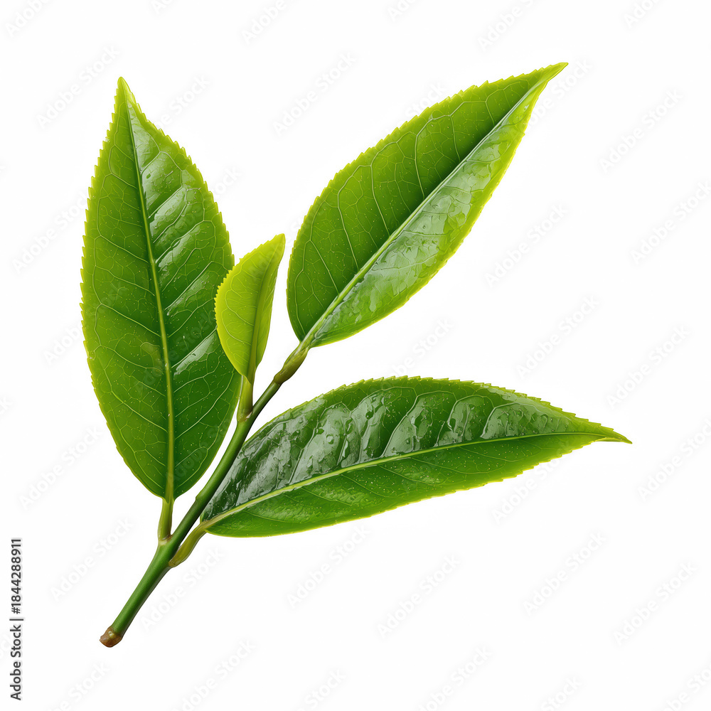 Obraz premium Fresh green tea twig with four vibrant leaves, realistic studio cutout isolated on transparent background.