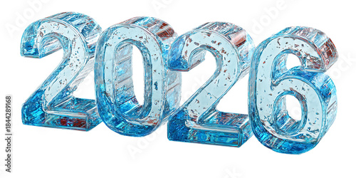 A high-quality 3d render of the year 2026 text with a frosty blue glass texture on  a isolated on transparent background