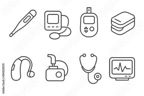 Medical devices linear icon set. featuring thermometer, monitor, glucometer, hearing aid, sanitizer, stethoscope, ekg