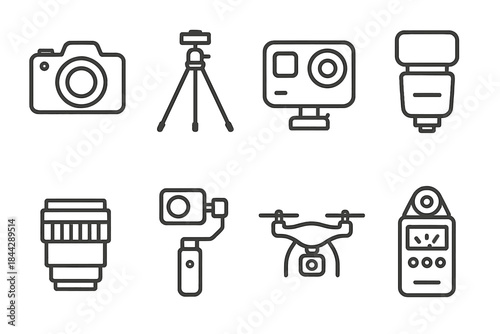 Photography equipment linear icon set. featuring camera, tripod, action camera, flash, lens, gimbal, drone, light meter