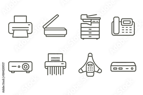 Office equipment linear icon set. featuring printer, scanner, copier, fax, projector, shredder, conference, modem