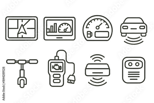 Automotive diagnostics linear icon set. featuring gps, dashboard, speedometer, car, scooter, scanner, radar, sensor icons