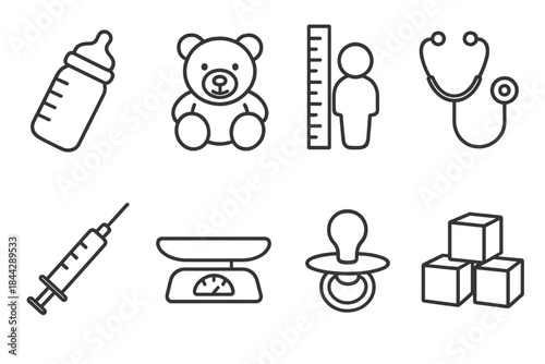 Baby essentials linear icon set. featuring milk bottle, teddy bear, growth chart, pacifier, scale, and stethoscope