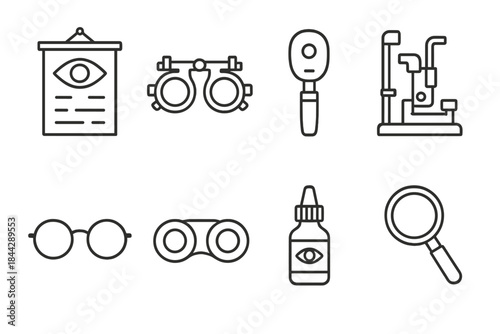 Optometry tools linear icons set. featuring eye chart, phoropter, retinoscope, slit lamp, glasses, binoculars, eye drops, magnifier