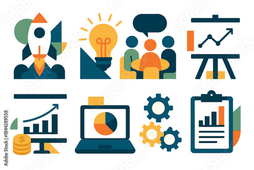 Business growth flat icon set. featuring rocket, light bulb, meeting, chart, graph, laptop, gears, report