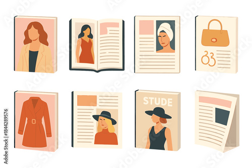 Fashion and style flat icons set. featuring books, magazines, handbag, and fashion models