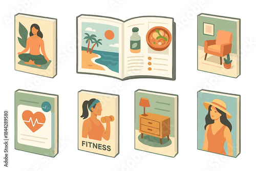 Lifestyle flat icon set. featuring meditation, travel, food, room decor, health, fitness, and fashion symbols