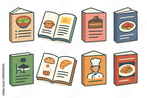 Cooking books flat icon set. featuring salad, soup, dessert, dining table, baking, chef, recipes, ingredients.