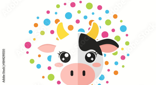 Adorable vector illustration of a playful cartoon cow with vibrant confetti backdrop