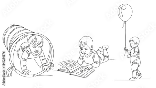 High-Quality Black Continuous Line Art of Toddlers Crawling, Reading, and Walking with Balloon, Early Childhood Play Illustrations
