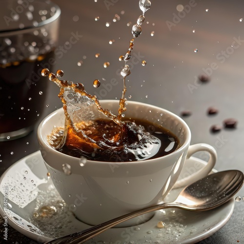 Cup of coffee with a splash drop, flying saucer and spoon, close-up shot with tiny air bubbles, dynamic coffee splash photography, high-resolution beverage background image