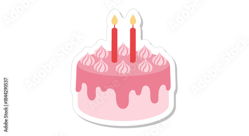 Celebratory sweet confection, featuring lit candles and pink frosting drizzles on a cake