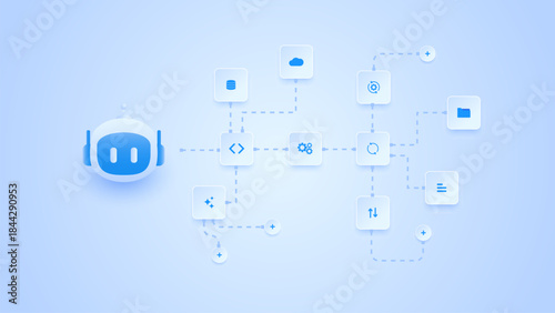 AI workflow automation artificial intelligence. ai agent with workflow diagram with processing steps, cloud and database integration, branching logic, and process flow.