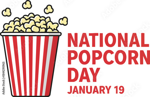Popcorn Day Celebration: A vibrant image of a popcorn container overflowing with the tasty snack, promoting National Popcorn Day on January 19, perfect for events.