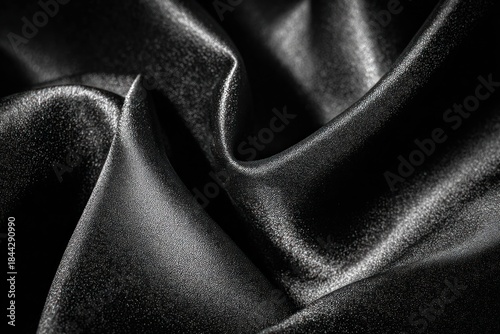 Soft black material shows ripples and reflections under low light. The texture is rich and deep