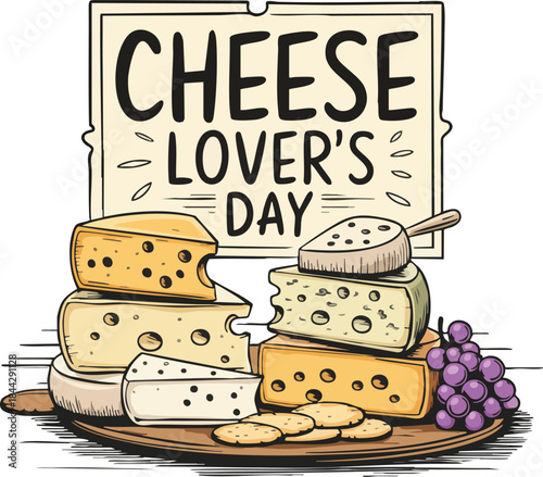 Cheese Lover's Day Delights: A culinary celebration unfolds, featuring an array of cheese selections on a wooden board with grapes and crackers, inviting food enthusiasts to a flavorful experience.