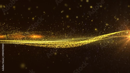 Abstract golden horizontal wave flowing with bokeh for new year festival 4K motion loop. Glittering gold particle background greeting merry Christmas footage with lens flare shinning light.