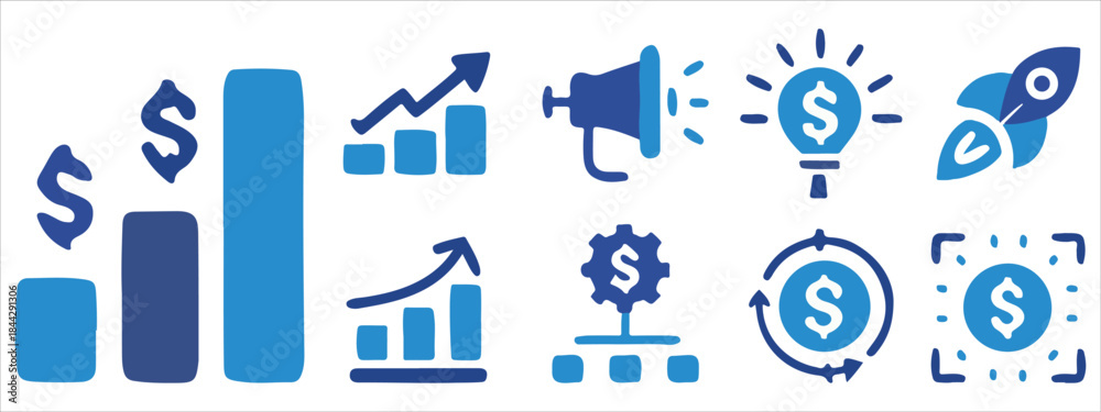 Fototapeta premium Financial Growth Icons – Money, Investment, Business Success & Marketing Strategy Illustrations