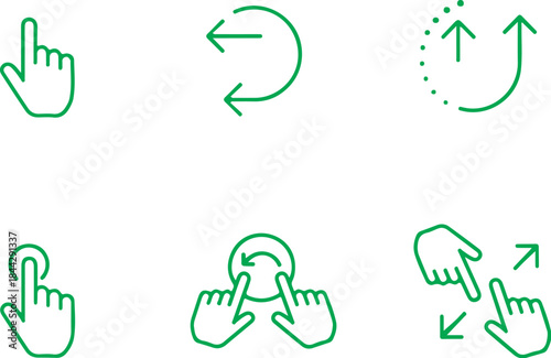 Micro-interaction hint icons guiding taps, swipes, holds, and gestures, subtle UI symbols, clean outline style, white background vector set