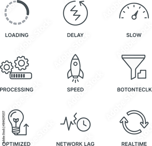Line icons visualizing system latency, loading states, processing speed, bottlenecks and optimization, abstract UI symbols, white background vector
