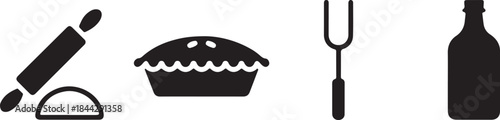 Essential kitchen and baking items including a rolling pin pie roasting fork and bottle silhouette collection for cooking graphics