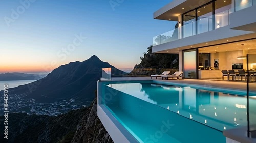 Luxury cliffside villa with infinity pool overlooking the ocean at sunset.