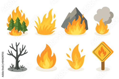 Fire and disaster flat icons set. featuring forest, grass, house, smoke, tree, wildfire, and warning symbols