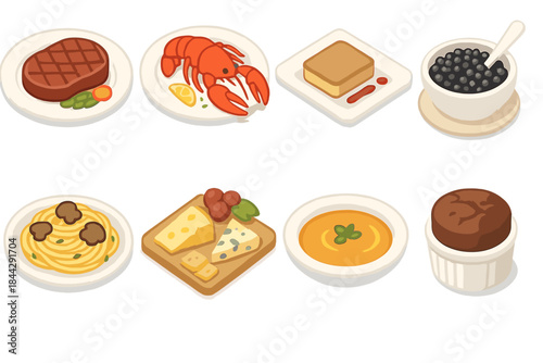 Gourmet cuisine flat icon set. featuring steak, lobster, tiramisu, caviar, pasta, cheese, soup, souffle symbols