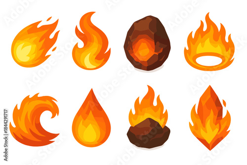 Flame flat icon set. featuring fireball, blaze, meteor, ring, wave, droplet, rock, and crystal symbols