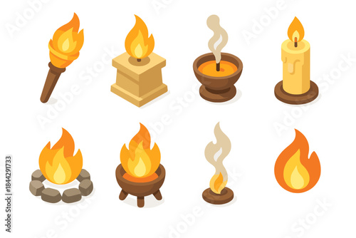 Fire and light isometric icon set. featuring torch, bonfire, candle, incense, flame, campfire, brazier, and light symbols