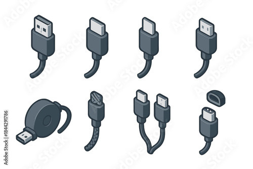 Technology silhouette icon set. featuring usb, lightning, type-c, retractable, braided, dual, and magnetic cables