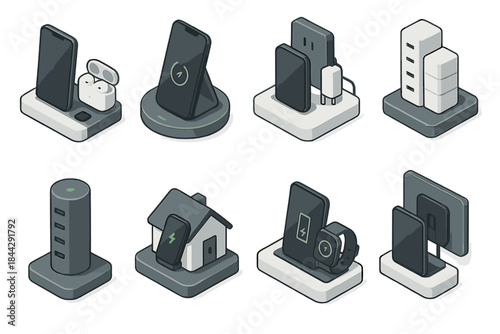 Electronics charging isometric icons set. featuring phone, earbuds, dock, adapter, plug, power bank, and smartwatch symbols