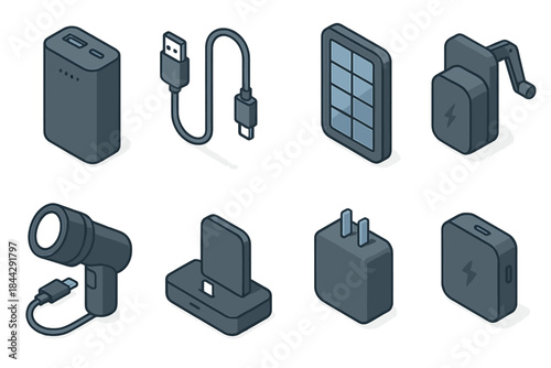 Energy devices isometric icon set. featuring power bank, cable, solar, charger, flashlight, plug symbols.