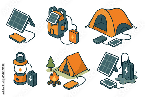 Camping and solar flat icon set. featuring backpack, tent, lantern, campfire, solar panel, and power bank
