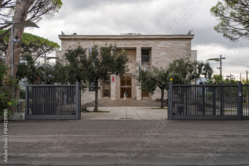Paestum, Italy – 23 October 2025:  Front view of Archeological Museum of Paestum entrance with historic architecture