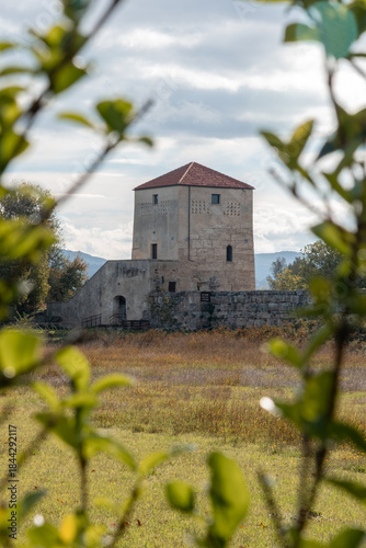 Majestic ancient fortification in the ruins of Paestum under serene sky