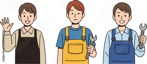 Cartoon worker characters wearing overalls and holding tools, perfect for repair services, handyman illustrations, labor concepts, and profession-themed designs
