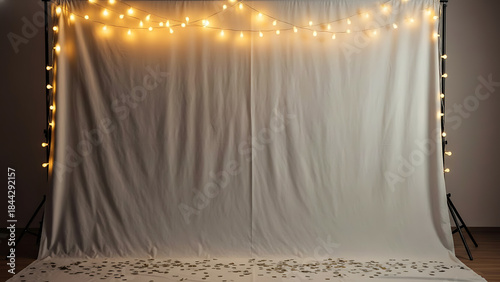 Festive white backdrop with warm string lights and scattered confetti, creating a versatile setting for celebrations, events, and memorable photo opportunities
