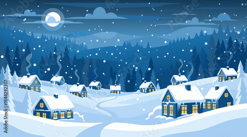 A beautiful winter night scene with snow-covered houses, pine trees, and falling snow under a full moon.