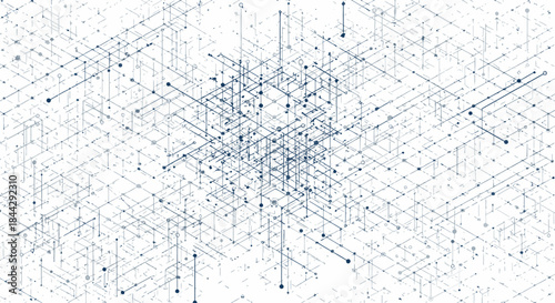 Intricate digital network of interconnected nodes and lines symbolizing data flow and complex systems on a white background.