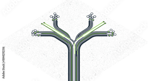 Abstract branching structure with circular elements at the ends, symbolizing growth and connectivity in a stylized manner.