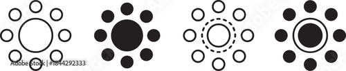 Four abstract black and white circular network diagrams representing connections or relationships in modern graphic design
