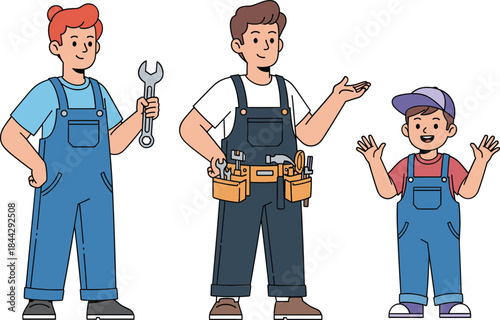 Cartoon worker family illustration featuring adults and child in overalls with tools